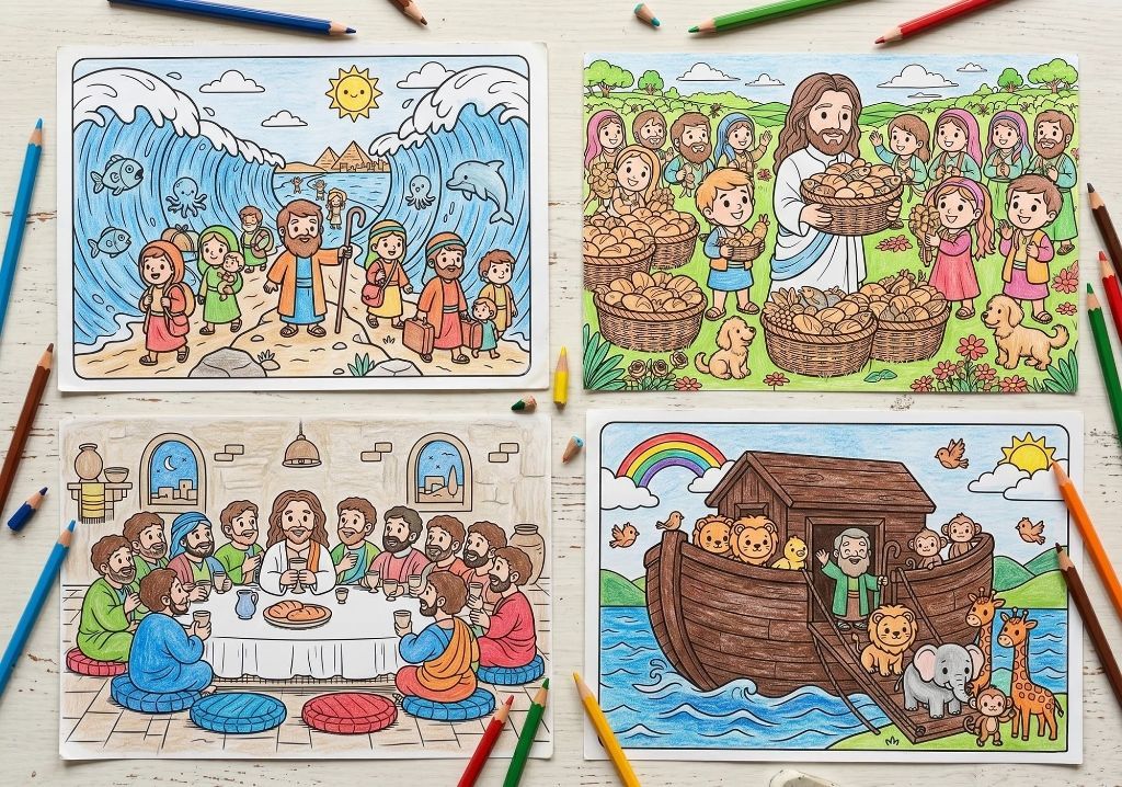 Páginas para colorir com cenas bíblicas infantis