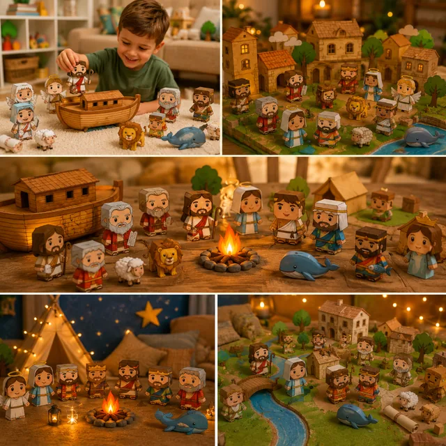 Exemplos de brincadeiras com personagens bíblicos de papel em mini cenários