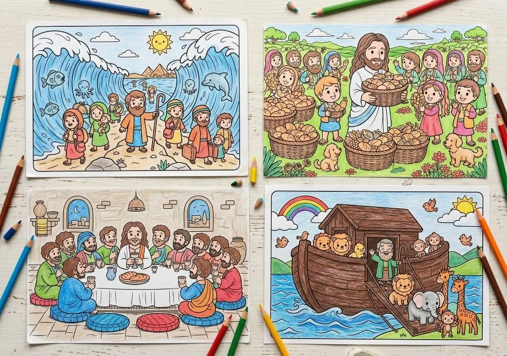 Páginas para colorir com cenas bíblicas infantis