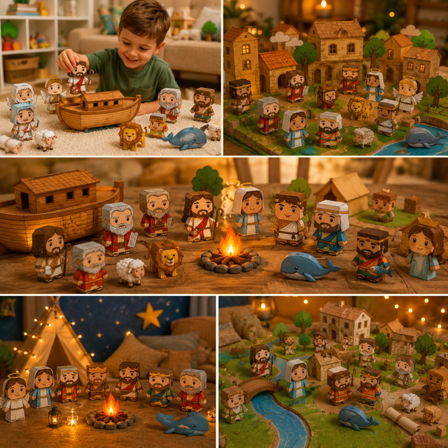 Exemplos de brincadeiras com personagens bíblicos de papel em mini cenários