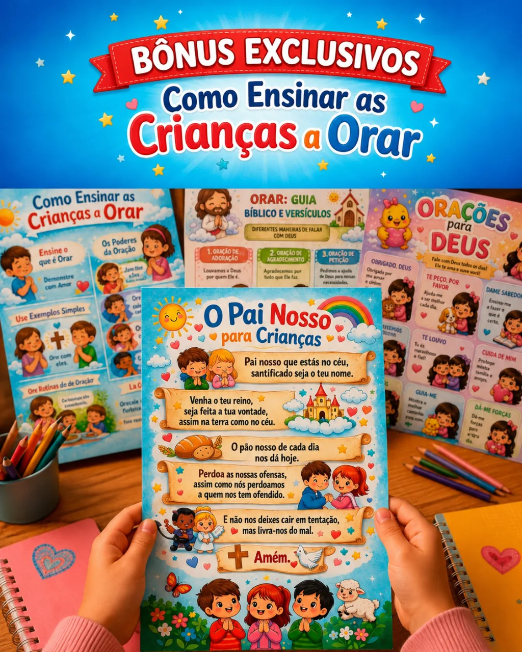 Bônus com materiais para ensinar crianças a orar