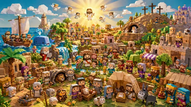 Cenário bíblico completo em estilo paper toy com vários personagens