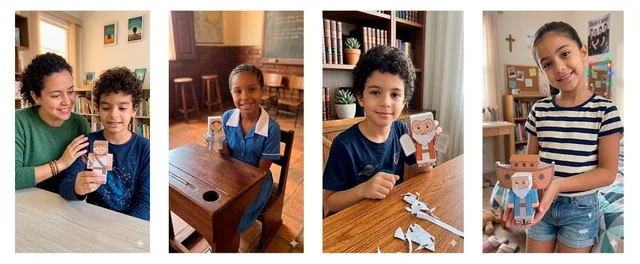 Crianças segurando personagens bíblicos de papel já montados